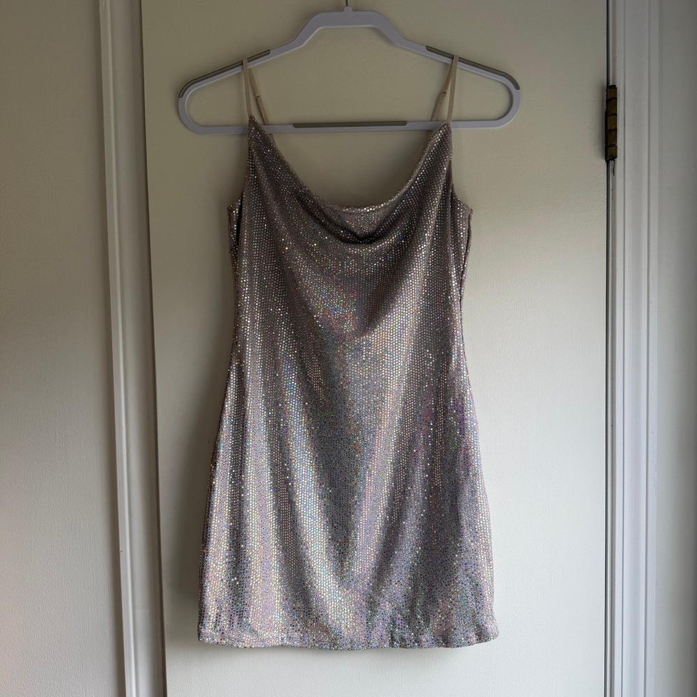 Thirty Thirty LA Holographic Metallic Mini Dress Silver Cowl Neck Medium